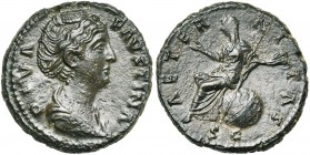 FAUSTINE l''Ancienne divinisée, AE as, après 141, Rome. D/ DIVA- FAVSTINA B. diad., dr. à d. R/ AETER-NITAS/ SC Aeternitas voilée assise à g. sur un g...