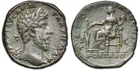LUCIUS VERUS (161-169), AE sesterce, 167-168, Rome. D/ L VERVS AVG ARM PARTH MAX T. l. à d. R/ TR POT VIII IMP V COS III/ S-C/ FORT RED Fortuna assise...