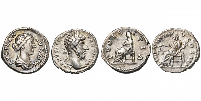 AR lot de 2 deniers: Lucius Verus, 168, Rome, R/ Aequitas assise à g., ten. une ...