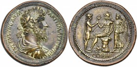 LUCIUS VERUS (161-169), AE médaillon, Giovanni Cavino. D/ L VERVS AVG ARM - PARTH MAX TR P VIIII B. l., dr., cuir. à d. R/ COS III Roma assise à g. su...