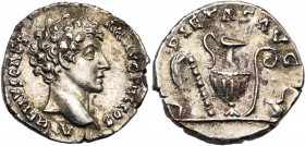 MARC AURELE César (139-161), AR denier, 140-144, Rome. D/ AVRELIVS CAE-SAR AVG PII F COS T. à d. R/ PIETAS AVG Emblèmes sacerdotaux. BMC 42, 277; RIC ...