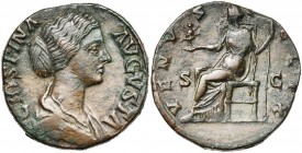 CRISPINE (†183), femme de Commode, AE sesterce, 180-183, Rome. D/ B. dr. à d. R/ Vénus assise à g., ten. une petite Victoire et un long sceptre. BMC 7...
