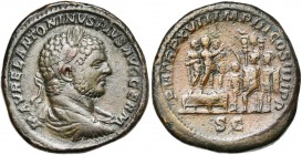 CARACALLA Auguste (198-217), AE sesterce, 214, Rome. D/ M AVREL ANTONINVS PIVS AVG GERM B. l., dr., cuir. à d. R/ P M TR P XVII IMP III COS IIII P P/ ...