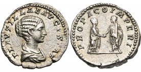 PLAUTILLA, femme de Caracalla, AR denier, 202-205, Rome. D/ PLAVTILLAE- AVGVSTAE B. dr. à d. R/ PROPAGO IMPERI Caracalla et Plautilla deb. f. à f., se...