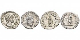 lot de 2 deniers frappés à Rome: Caracalla Auguste, 212, R/ Hercule (TB à SUP); Julia Mamaea, 228, R/ Felicitas (SUP).
