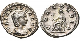 JULIA PAULA, première femme d''Elagabal, AR denier, 219-220, Antioche. D/ IVLIA PAVLA AVG B. dr. à d. R/ CONCORDIA Concordia assise à g., ten. une pat...