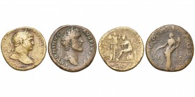 lot de 2 sesterces: Trajan, R/ Un Dace assis sur des boucliers, un trophée devant lui; Antonin le Pieux, R/ Pax ten. une branche et une corne d''abond...