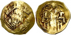 Andronic II et Michel IX (1294-1320), AV hyperpère, 1294-1303, Constantinople. D/ La Vierge orante dans les murs d''enceinte de Constantinople, compos...
