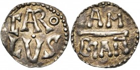 CAROLINGIENS, Charlemagne (768-814), AR denier, 768-793/794, Amiens. D/ CΛRO/LVS en deux lignes (Λ et R liés). R/ AM/BIAN en deux lignes séparées par ...