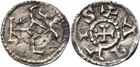 CAROLINGIENS, Charlemagne (768-814), AR obole, 793/794-812, Dax (Aquis Vasconiae). D/ Monogramme carolin en plein champ. R/ + AQVIS Croix. M.G. -; Pro...