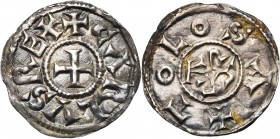 CAROLINGIENS, Charles le Chauve (840-877), AR denier, Toulouse. D/ + CΛRLVS REX Croix. R/ + TOLOSA Monogramme carolin (avec L rétrograde). M.G. 1097; ...