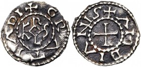 CAROLINGIENS, Charles le Chauve (840-877), AR obole, 864-877, Amiens. D/ + GRATIA DI Monogramme carolin. R/ + ΛMBIΛNIS Croix. M.G. 767; Prou 242. 0,80...