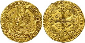 GRANDE-BRETAGNE, Edouard III (1327-1377), AV noble, 1363-1369, Londres. Treaty period. Sans le titre de roi de France. D/ Le roi deb. de f. dans une n...