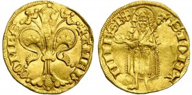 ITALIE, SAVOIE, Comté, Amédée VI (1343-1383), AV florin d''or au type florentin. D/ + AMED- COMES Grande fleur de lis. R/ S IOHA-NNES B Saint Jean Bap...