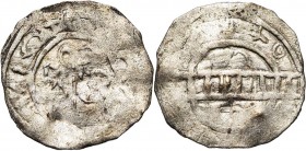 NEDERLAND, AR denarius. Imitatie van het type van Bernulphus geslagen in Groningen. D/ Staf met verbasterde legende BACVLVS in het veld. R/ Verbasterd...