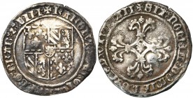 BRABANT, Duché, Charles le Téméraire (1467-1477), AR double patard, 1468-1474, Louvain. D/ Ecu de Bourgogne. R/ Croix fleuronnée, un lion en coeur. G....