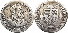 BRABANT, Duché, Charles Quint (1506-1555), AR florin Karolus d''argent, s.d. (1553-1556), Anvers. Deuxième type. D/ B. vieilli de l''empereur à d., la...