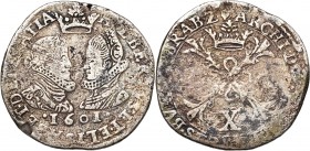 BRABANT, Duché, Albert et Isabelle (1598-1621), AR demi-florin (10 sols), 1601, Anvers. D/ B. affrontés des archiducs sous une couronne. R/ Croix de B...