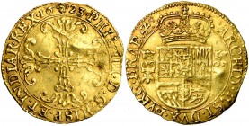 BRABANT, Duché, Philippe IV (1621-1665), AV couronne d''or, 1623, Bruxelles. D/ Croix à triple nervure, évidée et feuillue. R/ Ecu couronné, accosté d...