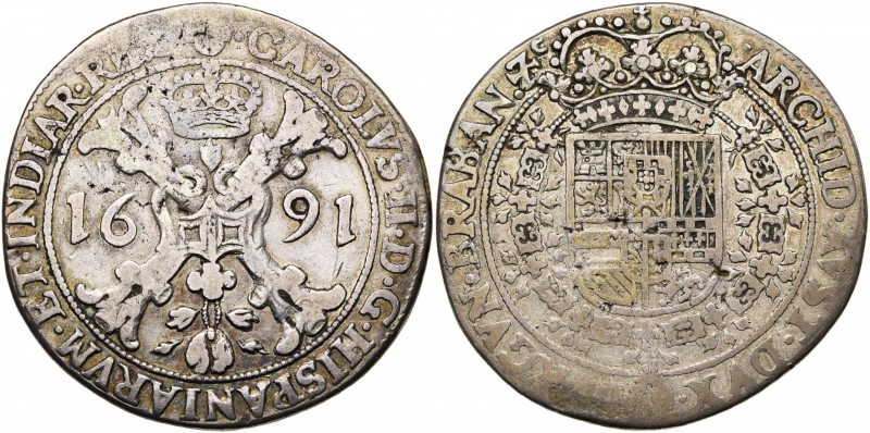 BRABANT, Duché, Charles II (1665-1700), AR patagon, 1691, Bruxelles. Type interm...