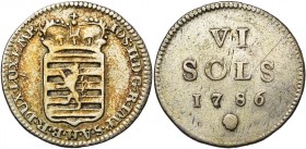 LUXEMBOURG, Duché, Joseph II (1780-1790), AR 6 sols, 1786, Bruxelles. D/ Ecu luxembourgeois couronné. R/ Valeur et date. Weiller 245; Probst L255-1; V...