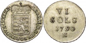LUXEMBOURG, Duché, Léopold II (1790-1792), AR 6 sols, 1790H, Günzburg. D/ Ecu luxembourgeois couronné. R/ Valeur et date. Weiller 249; Probst L259-1; ...