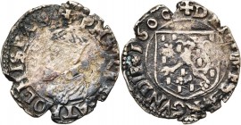 FRANCHE-COMTE, Philippe II (1556-1598), billon carolus, 1600, Dole. Frappe posthume. D/ B. cuir. à g. R/ + D ET COMES BVRGVNDIE 1600 Ecu franc-comtois...