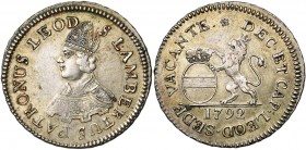 LIEGE, Principauté, Siège vacant (1792), AR escalin, 1792. D/ B. mitré du saint à g. R/ Lion deb. à g., soutenant l''écu de Bouillon. Chestret 704; De...