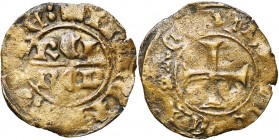 BORN, Reinald II van Valkenburg (1378-1396), Cu dubbele mijt. Vz/ +MONETA BORNE: In het veld: REI/NER. Kz/ + MONETA REINER (?) Gevoet kruis. Lucas 19 ...