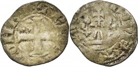 LOON, Graafschap, Arnold V (1279-1323), biljoen dubbele tournois. Vz/ + ARNOLDVS COMES Gevoet kruis met een lelie in het eerste kwartier. Kz/ + MONETA...