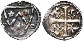 VLAANDEREN, Graafschap, AR kleine denarius, 1253-1300, Kortrijk. Vz/ Gekeperd wapenschild met in de hoeken drie roosjes en een punt. In het veld drie ...