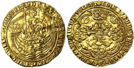 VLAANDEREN, Graafschap, Jan zonder Vrees (1404-1419), AV gouden nobel, 1417-1418, Gent. 2e uitgifte. Vz/ De graaf, met zwaard en Bourgondisch-Vlaams w...