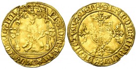 VLAANDEREN, Graafschap, Philips de Goede (1419-1467), AV twee derde gouden leeuw, 1454-1455, Brugge. Vz/ Zittende leeuw n. l. onder een gotisch baldak...
