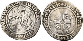 VLAANDEREN, Graafschap, Gent in opstand tegen Maximiliaan (1488-1492), AR vuurijzer, z.j. (1489). Vz/ Zittende leeuw n. l. het leeuwenschild voor zich...