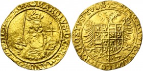 VLAANDEREN, Graafschap, Keizer Karel (1506-1555), AV gouden reaal, z.j. (1521-1556), Brugge. Munttekens: kroon op vz. en lelie op kz. Vz/ Geharnast bb...