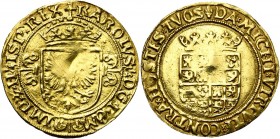 VLAANDEREN, Graafschap, Keizer Karel (1506-1555), AV halve gouden reaal, z.j. (na 1521), Brugge. Interpunctie met kruisjes. Vz/ Gekroond keizerlijk wa...