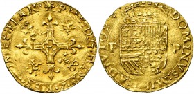 VLAANDEREN, Graafschap, Philips II (1555-1598), AV gouden kroon, z.j. (1570-1574), Brugge. Slechts 1737 st. geslagen. Vz/ (lelie) PHS D G HISP Z REX C...