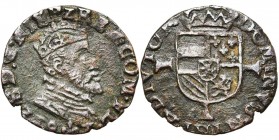 VLAANDEREN, Graafschap, Philips II (1555-1598), Cu maille (4 mijten), 1593, Brugge. Vz/ Gekroond bb. r. Kz/ Gekroond wapenschild op een lang kruis. G....