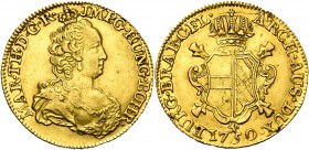 VLAANDEREN, Graafschap, Maria Theresia (1740-1780), AV dubbele souverein, 1750, Brugge. Vz/ Gekroond bb. r. Kz/ Gekroond wapenschild op een Bourgondis...