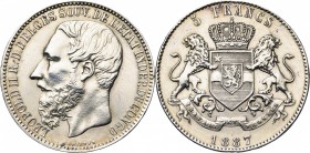 CONGO, Etat Indépendant, Léopold II (1885-1908), AR 5 francs, 1887. Dupriez 10; Dav. 10. Nettoyé. Légère traces de monture.

Très Beau / Very Fine...