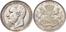CONGO, Etat Indépendant, Léopold II (1885-1908), AR 5 francs, 1891. Dupriez 72. Petits coups.

Superbe / Extremely Fine