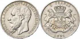 CONGO, Etat Indépendant, Léopold II (1885-1908), AR 5 francs, 1891. Dupriez 72. Nettoyé.

Très Beau / Very Fine