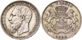 CONGO, Etat Indépendant, Léopold II (1885-1908), AR 5 francs, 1894. Dupriez 78. Petites griffes et coup sur la tranche.

Très Beau à Superbe / Very ...