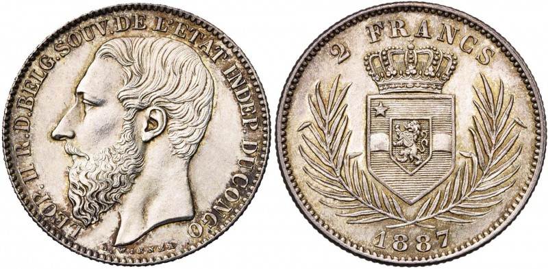 CONGO, Etat Indépendant, Léopold II (1885-1908), AR 2 francs, 1887. Dupriez 17....