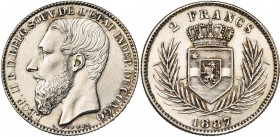 CONGO, Etat Indépendant, Léopold II (1885-1908), AR 2 francs, 1887. Dupriez 17. Minuscule coup sur la joue.

Superbe à Fleur de Coin / Extremely Fin...