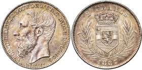 CONGO, Etat Indépendant, Léopold II (1885-1908), AR 2 francs, 1887. Dupriez 17. Belle patine.

Superbe / Extremely Fine