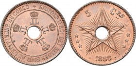 CONGO, Etat Indépendant, Léopold II (1885-1908), Cu 5 centimes, 1888. Dupriez 61. Rare Petites taches.

Superbe à Fleur de Coin / Extremely Fine - U...