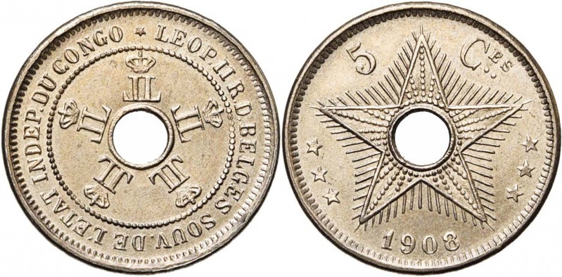 CONGO, Etat Indépendant, Léopold II (1885-1908), Cupro-nickel 5 centimes, 1908 s...