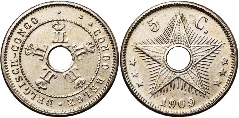 CONGO BELGE, Léopold II (1908-1909), Cupro-nickel 5 centimes, 1909. Dupriez 144....