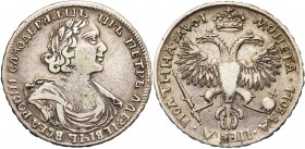 RUSSIE, Pierre le Grand (1689-1725), AR poltina, 1719, Moscou (Monnaie Rouge). D/ B. l., dr. et cuir. à d. R/ Aigle impériale couronnée. Bitkin 1030; ...